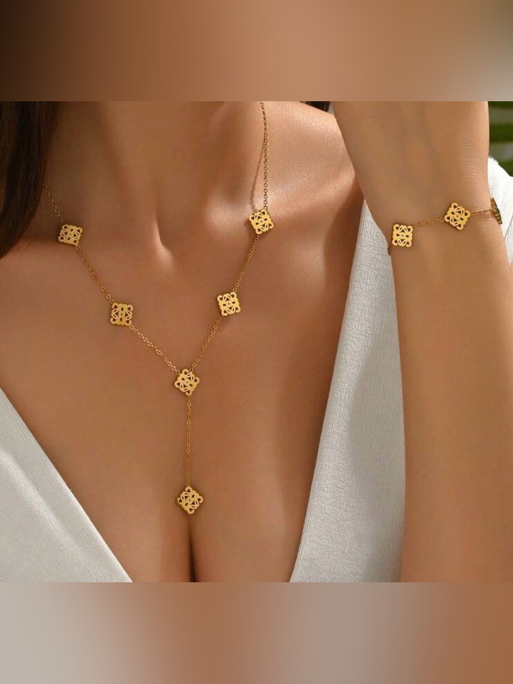 Elegant Gold Floral Link Y-Necklace and Bracelet Set - Women Jewelry